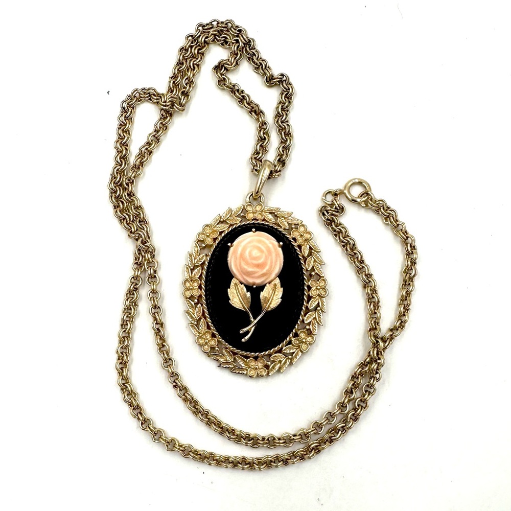 Vintage AVON Floral Rose Mirror Gold Tone Pendant Necklace